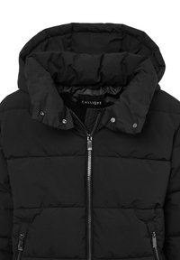 Giacca a vento nera con cappuccio, realizzata in materiale trapuntato. Dispone di una chiusura con zip frontale e bottoni a pressione, con tasche laterali e etichetta del marchio.