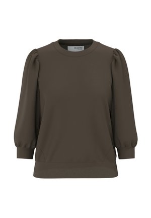 Brun genser med samlet erm, rund hals og avslappet passform. Glatt tekstur med en litt ribbestrikket kant og mansjetter.