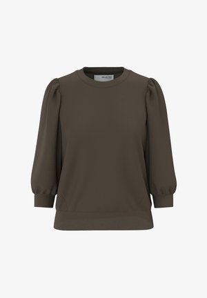 Pruun pullover-hoodie gathered varrukatega, ümmargune kaelus ja mugav lõige. Sile tekstuur, millel on kergelt soonikkoes äär ja varrukaotsad.