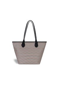 Tote bag with a patterned fabric featuring geometric shapes in pastel colors, black handles, and a sleek rectangular design.