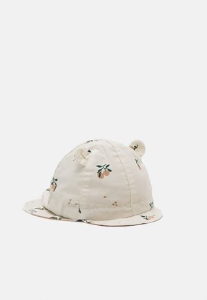 Cappello di cotone color crema chiaro con motivo a fiori d'arancio, dotato di orecchie rotonde, una corona arrotondata e una visiera curvata con rifinitura floreale.