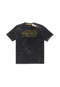 Černé bavlněné tričko s texturovaným povrchem, s velkým žlutým logem "STAR WARS" na přední straně. Krátké rukávy a klasický kulatý výstřih.