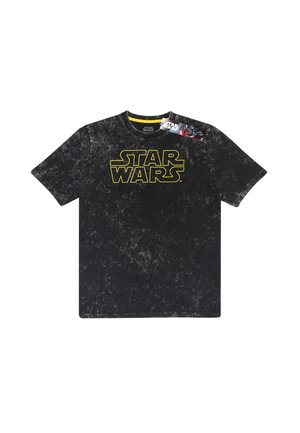 Schwarzes Baumwoll-T-Shirt mit strukturierter Oberfläche, mit einem großen gelben "STAR WARS"-Logo auf der Vorderseite. Kurze Ärmel und Rundhalsausschnitt.