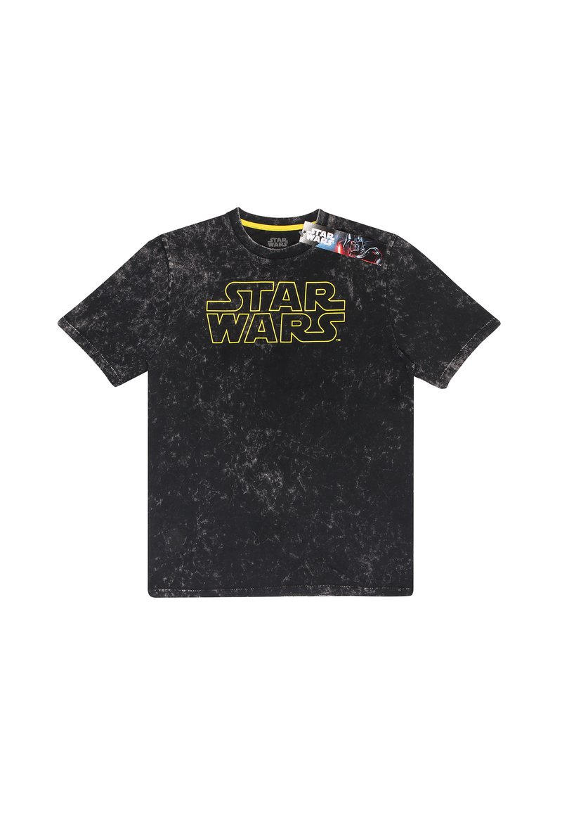 Černé bavlněné tričko s texturovaným povrchem, s velkým žlutým logem "STAR WARS" na přední straně. Krátké rukávy a klasický kulatý výstřih.
