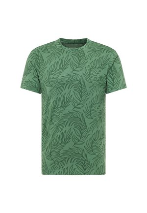 Camiseta de algodón verde con un patrón de hojas en verde más oscuro, cuello redondo, mangas cortas y corte holgado.
