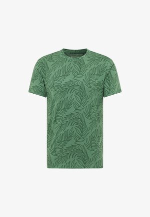 Roheline puuvillane T-särk, millel on tumeroheline lehepits, ümmargune kaelus, lühikesed varrukad ja lõdvas lõikes.