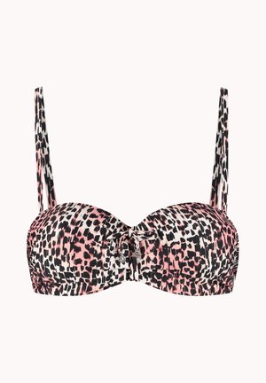 Haut de bikini imprimé léopard avec des taches roses, noires et blanches, bretelles réglables et un petit nœud orné de breloques métalliques au centre devant.