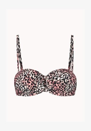 Haut de bikini imprimé léopard avec des taches roses, noires et blanches, bretelles réglables et un petit nœud orné de breloques métalliques au centre devant.