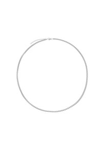 Collana in argento con un design piatto a maglie. Presenta una superficie liscia e una chiusura con una catena regolabile in lunghezza.