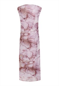 Rihmata õlgadeta midi kleit helesinise tooni, millel on marmoriseeritud muster tumedamate aktsentidega ja istuv siluett. Sile kangas.