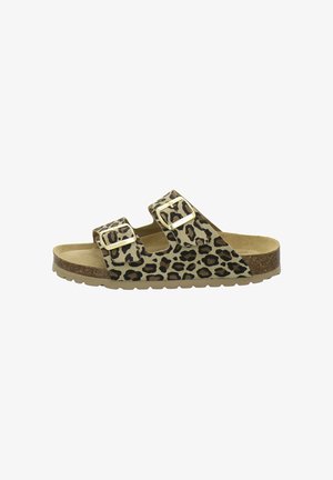 Slide sandal with leopard print straps featuring two adjustable gold-tone buckles and a contoured cork footbed.