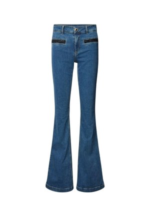 Jeans a zampa d'elefante in denim blu scuro, con tasche decorate, chiusura a bottoni e vita aderente che si allarga a partire dal ginocchio.