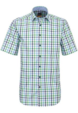 Kurzärmeliges Hemd zum Knöpfen mit blauem, grünem und weißem karierter Muster und Brusttasche.