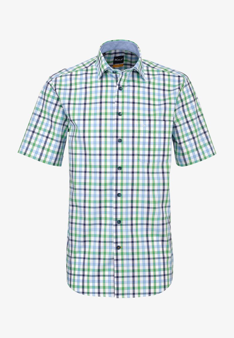 Chemise à manches courtes à boutons avec un motif à carreaux bleu, vert et blanc et une poche poitrine.
