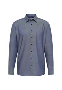Camicia a maniche lunghe in tessuto jacquard blu scuro. Caratterizzata da un colletto con bottoni, tasca frontale e colletto interno con motivo a contrasto.