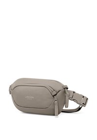 Borsa in tessuto grigio chiaro con una texture liscia, forma ovale, zip frontale e tracolla regolabile. Presenta un'immagine del marchio discreta.
