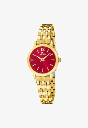 Gouden polshorloge met een rood wijzerplaat, gouden uurmarkeringen, twee wijzers en een metalen schakelsluiting.