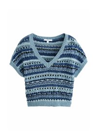 Gestreiftes Strickoberteil in Blau und Hellblau mit einem V-Ausschnitt und kurzen Ärmeln, das ein Lochmuster und einen gerippten Saum aufweist.