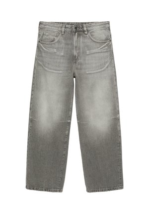 Grijs denim jeans met wijde pijpen, verweerde details, voorvak met knoop- en ritssluiting en vijf zakken.