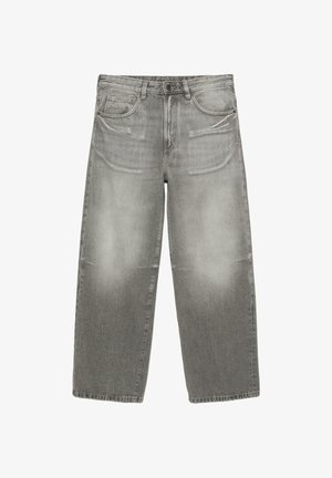 Szerokie spodnie dżinsowe w kolorze szarym, z przetarciami, z przodem zapinanym na guziki i zamek oraz z pięcioma kieszeniami.