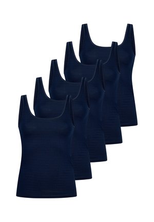 Sei canotte senza maniche blu navy disposte in fila sfalsata su sfondo bianco.