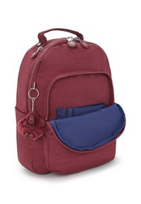 Bordeaux rugzak met een gladde stofafwerking en een marineblauwe klepzak. Voorzien van een harige sleutelhanger en zilveren ritssluiting. Compact en rond ontwerp.