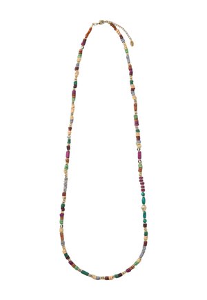 Collier multicolore de perles avec de petites perles rectangulaires, rondes et cylindriques dans des tons verts, violets, beige, bleu et or, avec fermoir et chaîne d'extension.