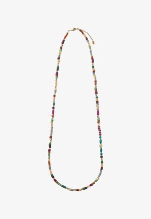 Collier multicolore de perles avec de petites perles rectangulaires, rondes et cylindriques dans des tons verts, violets, beige, bleu et or, avec fermoir et chaîne d'extension.