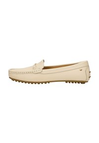 Beige Leder Slipper mit einer gesteppten Akzenten, runder Zehenform und einer Gummisohle mit kleinen Noppen für besseren Halt. Minimalistisches Design mit dezentem Branding.