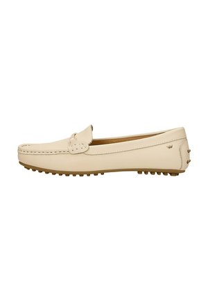 Beige leather loafers with a stitched accent, rounded toe, and a rubber sole featuring small nubs for traction. Minimalist design with subtle branding.