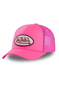 Casquette de camionneur rose avec une visière courbée, des côtés en maille et un patch ovale central portant "Von Dutch" en script rouge sur fond blanc.