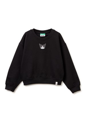 Schwarzes Sweatshirt mit langen Ärmeln und Rundhalsausschnitt, mit kleinem Cartoon einer Katze, die einen Narrenkäppchen trägt, in der Mitte der Brust.