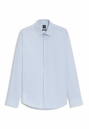 Vaaleansininen pitkähihainen nappipaita, jossa on hienovarainen pystyraita-kuvio, terävä kaulus ja pyöristetyt helmat. Pehmeä kangastuntuma.