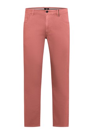 Herren-Slim-Fit-Hose in gedämpftem Korallenrot mit Knopfverschluss, Gürtelschlaufen sowie Front- und Münztaschen.