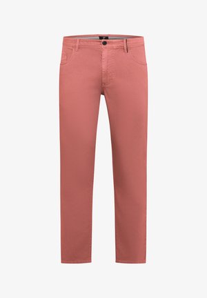 Men’s slim-fit trousers in muted coral color with button closure, belt loops, and front and coin pockets.