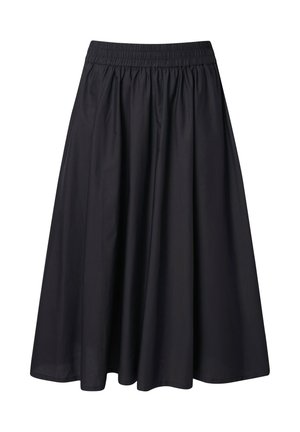 Black knee-length skirt with elastic waistband and gathered fabric creating a flared, flowing silhouette on a white background.