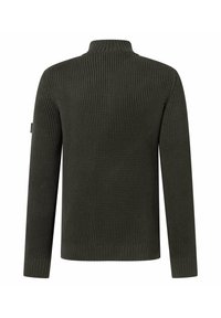 Mörkgrön stickad tröja med ribbat mönster, hög krage och långa ärmar. Har en logopatch på vänster arm.