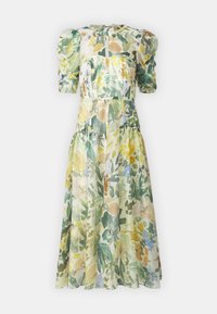 Blumenkleid aus leichtem Stoff, mit Rundhalsausschnitt, Puffärmeln und einer Mischung aus grünen, gelben und blauen Farbtönen mit natürlichen Mustern.