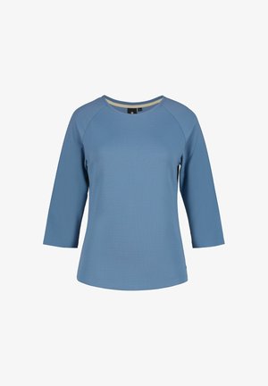 Blue textured fabric shirt with three-quarter length sleeves and a round neckline on a white background.