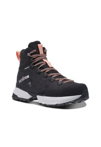 Black hiking boot with a waterproof suede upper, textured orange laces, and a rugged, black rubber sole. Features a logo on the side.