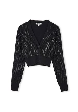 Cardigan court noir avec un motif texturé, décolleté en V profond, fermeture à boutons et manches côtelées. Matériau doux pour un confort optimal.