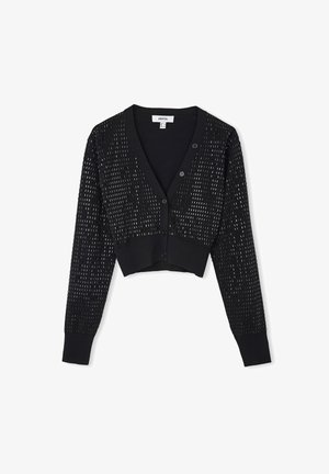 Black cropped cardigan featuring a textured pattern, deep V-neckline, button closure, and ribbed cuffs. Soft material enhances comfort.