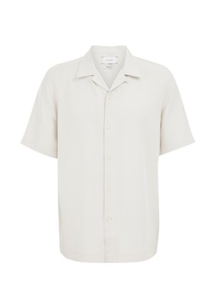 Rövid ujjú, galléros ing világos bézs színű, sima textúrájú anyagból; gombos elejével, több látható gombbal.