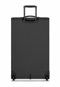 Valigia nera con superficie in tessuto testurizzato, manico retrattile e due ruote alla base per la mobilità. Design minimalista.