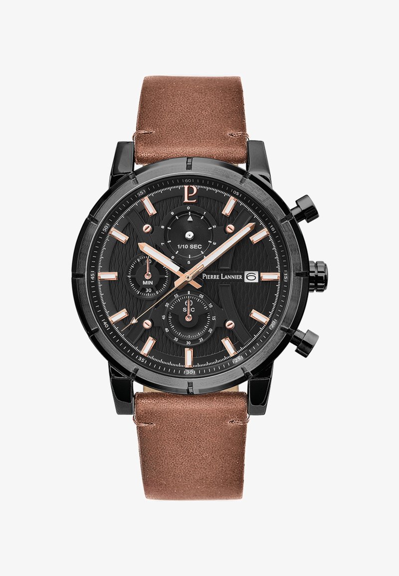 Sort chronografur med en tekstureret sort urskive, roseguld detaljer og en brun læderrem. Funktioner omfatter sub-ur og et datovindue.