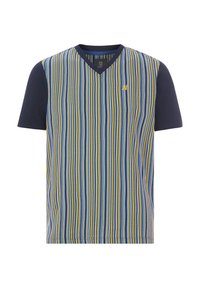 Striped t-shirt with a navy blue short sleeve and v-neck. Features vertical stripes in blue and yellow on the front; soft cotton material.