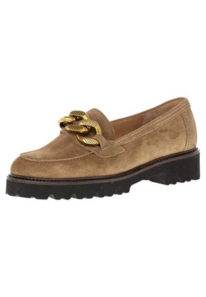 Brown suede loafer with a decorative gold chain accent. Round toe, low chunky rubber sole with tread pattern for grip.