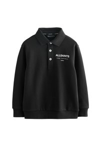Čierny polo sveter vyrobený z mäkkej bavlny, s golierom, trojradovými gombíkmi a bielym logom "ALLSAINTS" na hrudi.