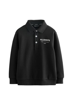 Svart polo sweatshirt i mjuk bomull, med krage, treknapps knäppning och vitt "ALLSAINTS"-logotyp på bröstet.