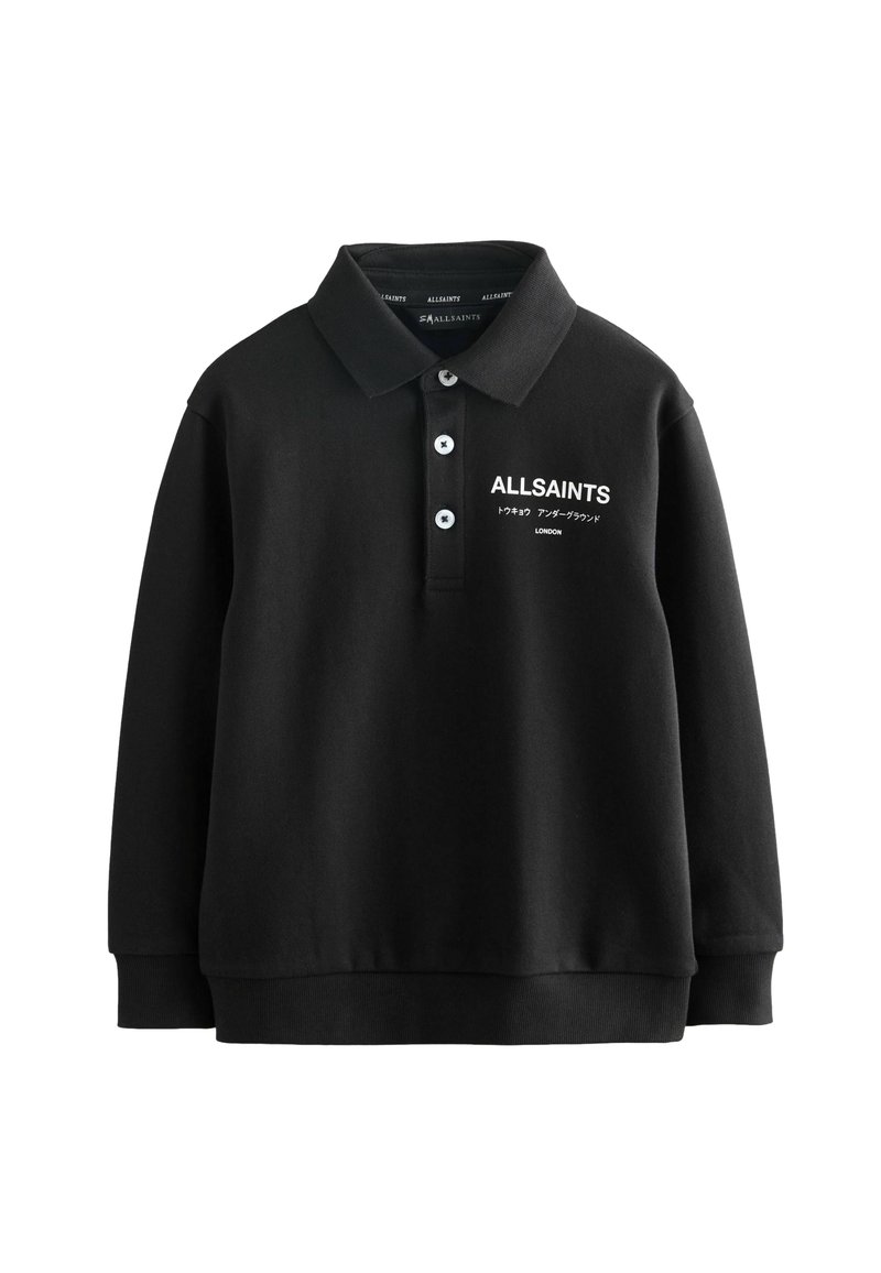 Čierny polo sveter vyrobený z mäkkej bavlny, s golierom, trojradovými gombíkmi a bielym logom "ALLSAINTS" na hrudi.
